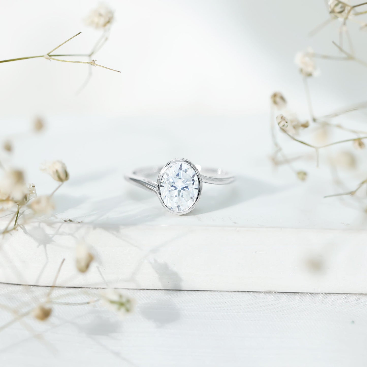 Solitaire 7X9 MM Moissanite Oval Engagement Ring with Bypass Shank