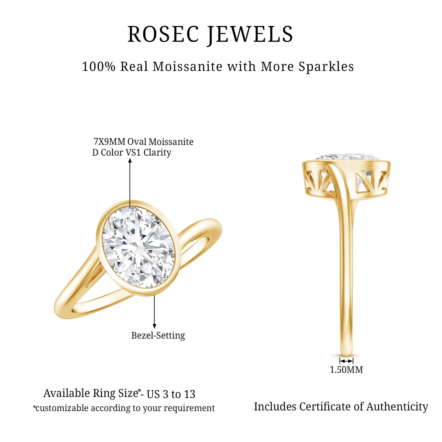 Solitaire 7X9 MM Moissanite Oval Engagement Ring with Bypass Shank