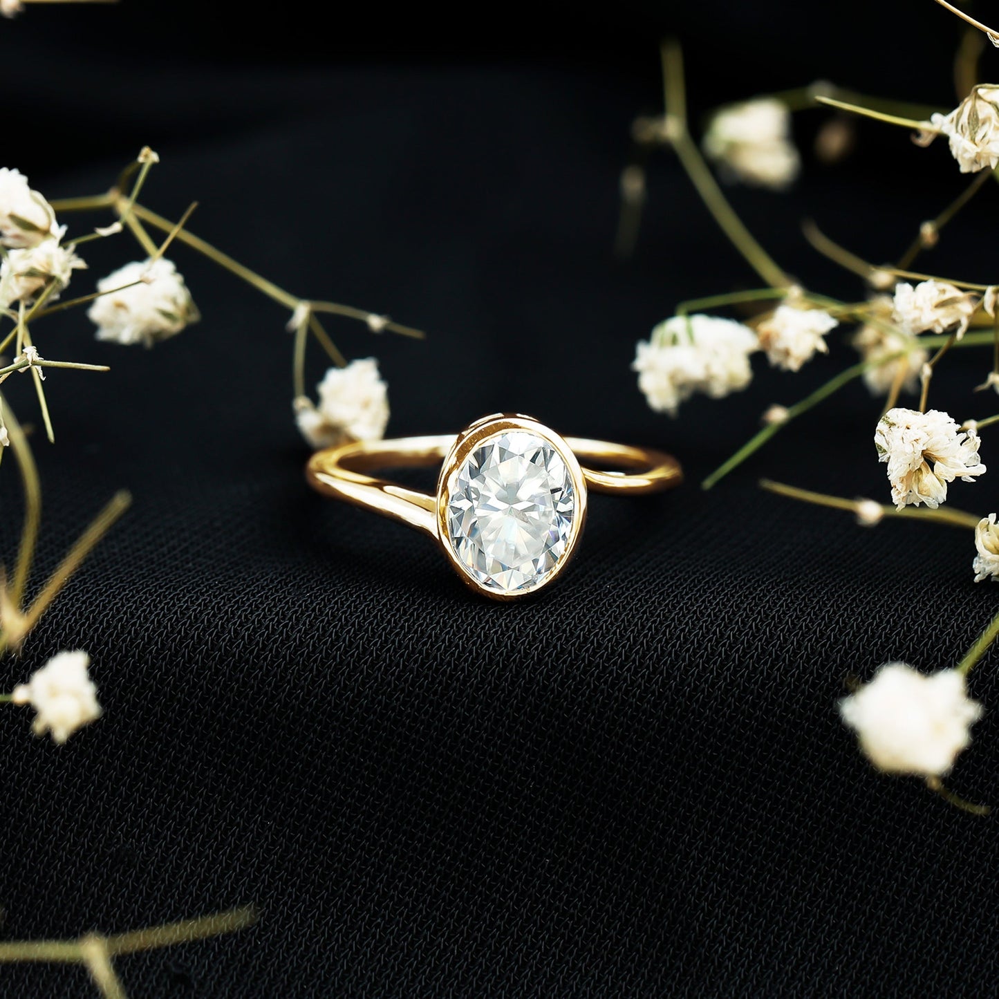 Solitaire 7X9 MM Moissanite Oval Engagement Ring with Bypass Shank
