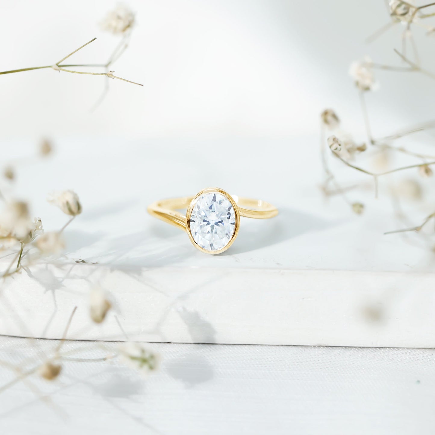 Solitaire 7X9 MM Moissanite Oval Engagement Ring with Bypass Shank