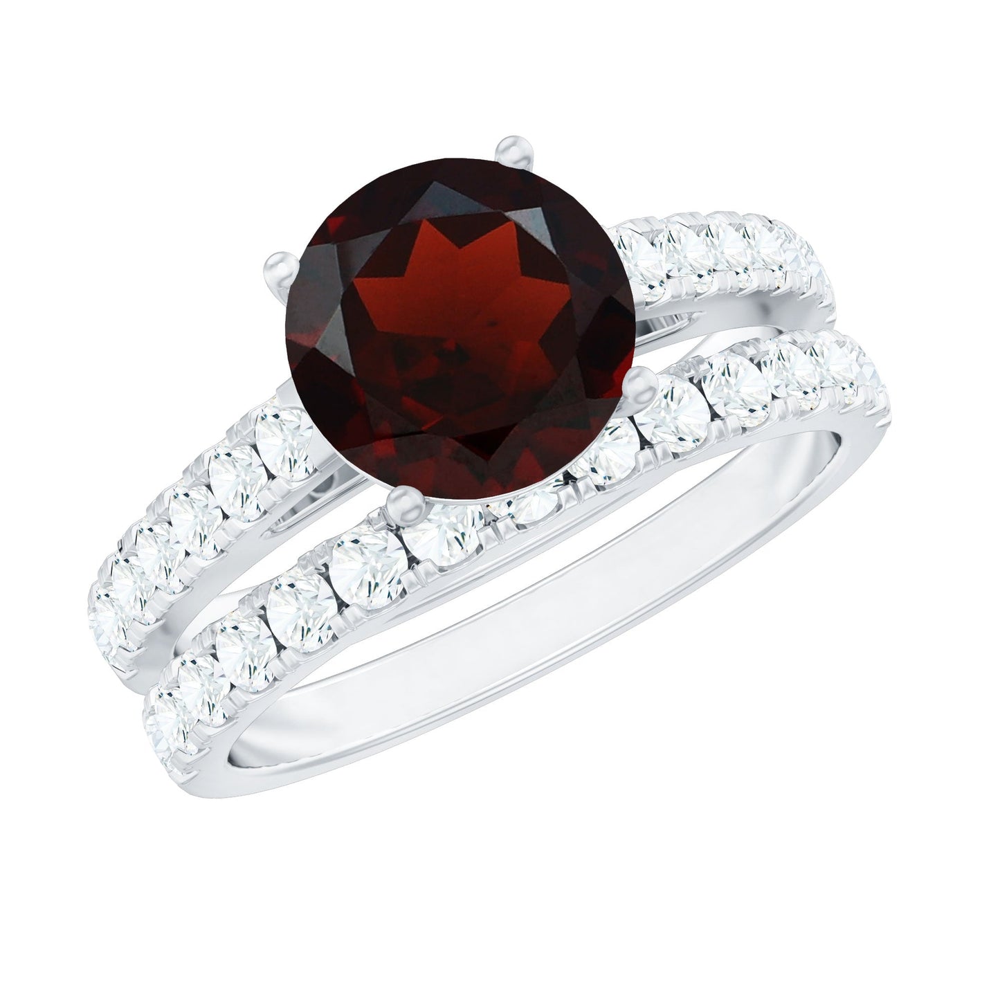 Natural Garnet Diamond Wedding Bridal Ring Set of 2