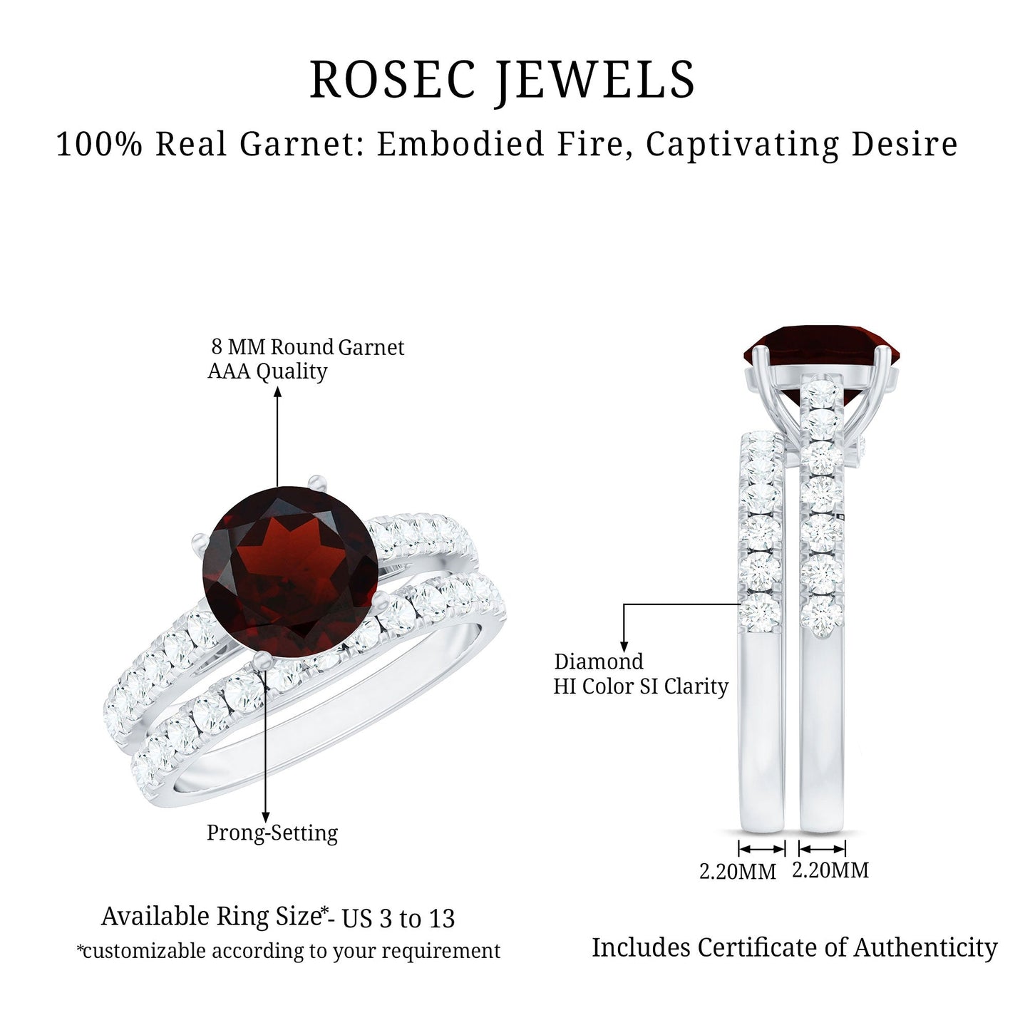 Natural Garnet Diamond Wedding Bridal Ring Set of 2