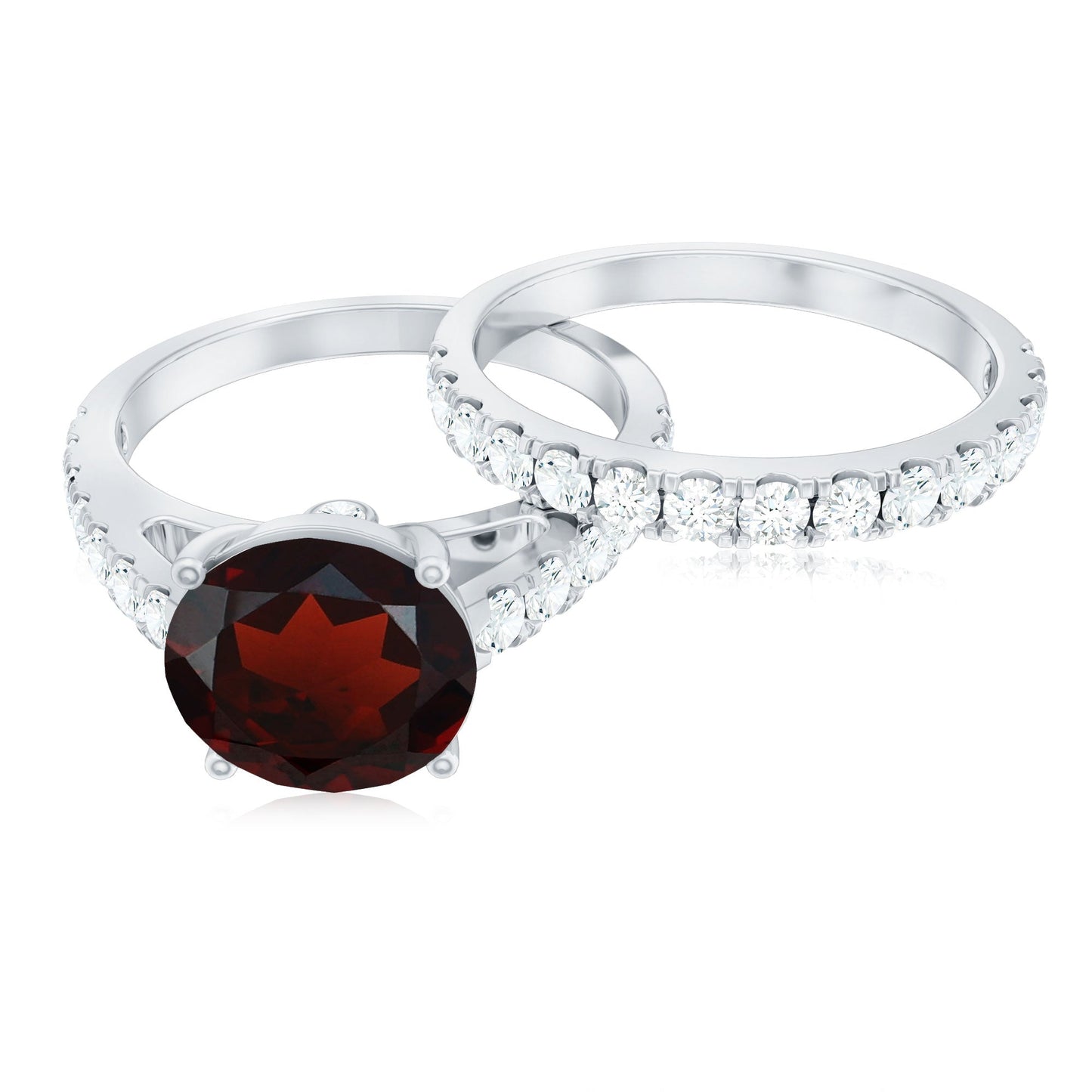 Natural Garnet Diamond Wedding Bridal Ring Set of 2