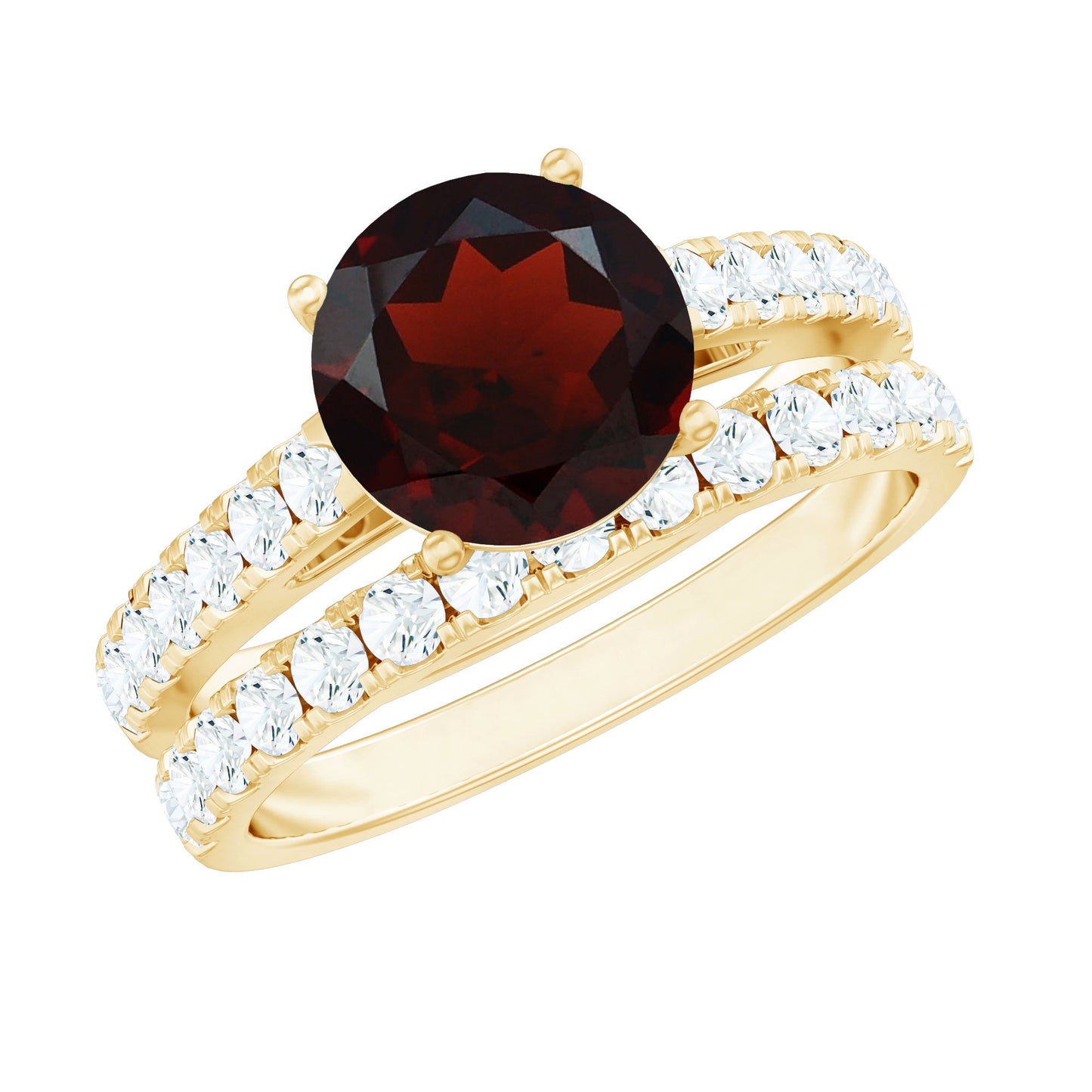 Natural Garnet Diamond Wedding Bridal Ring Set of 2