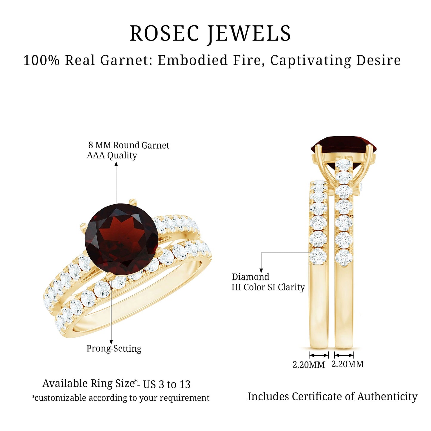 Natural Garnet Diamond Wedding Bridal Ring Set of 2