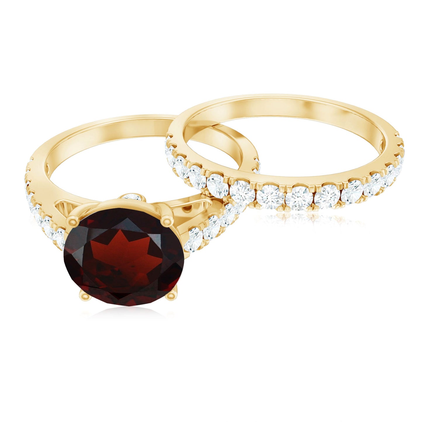 Natural Garnet Diamond Wedding Bridal Ring Set of 2