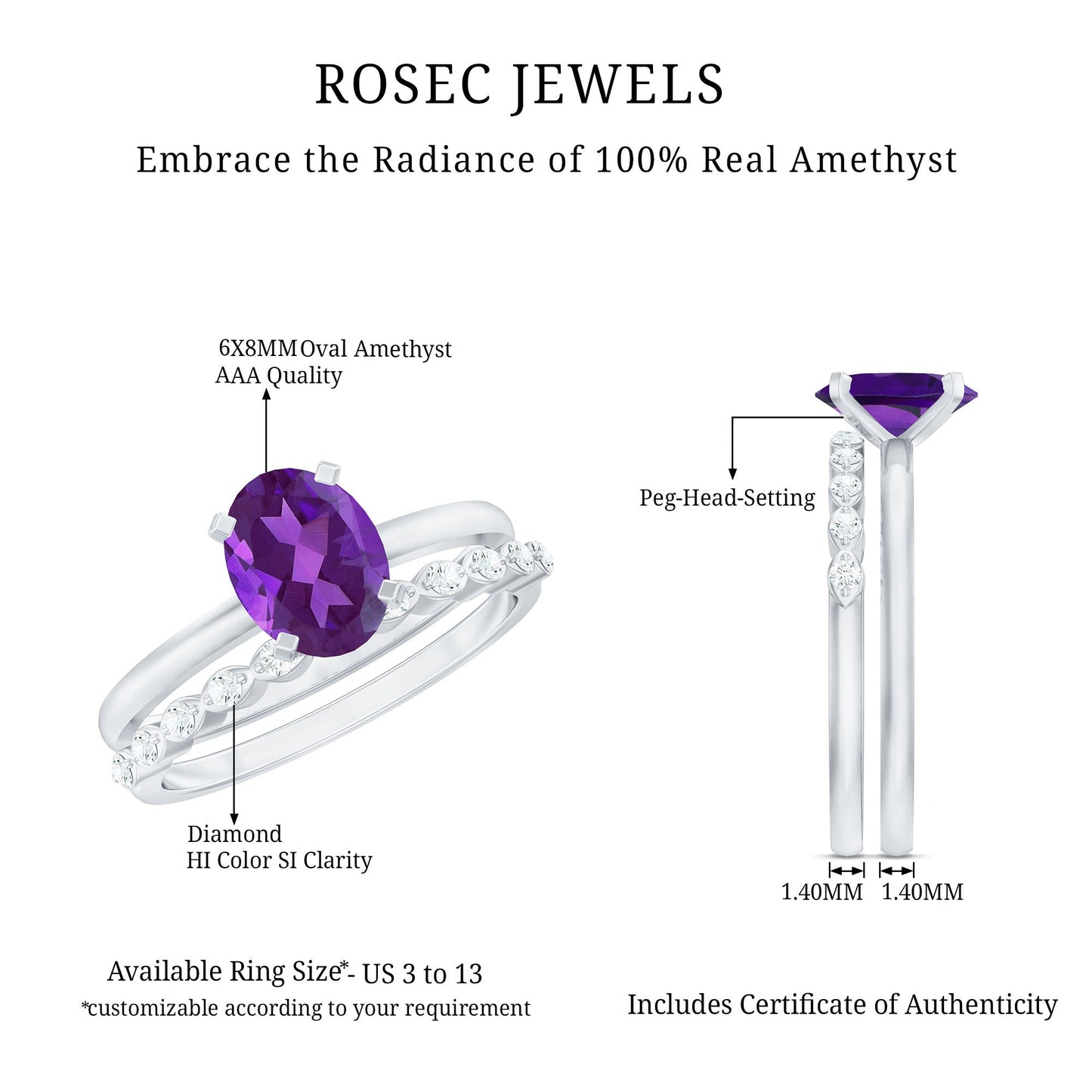 Oval Shape Amethyst Solitaire Ring Set with Diamond