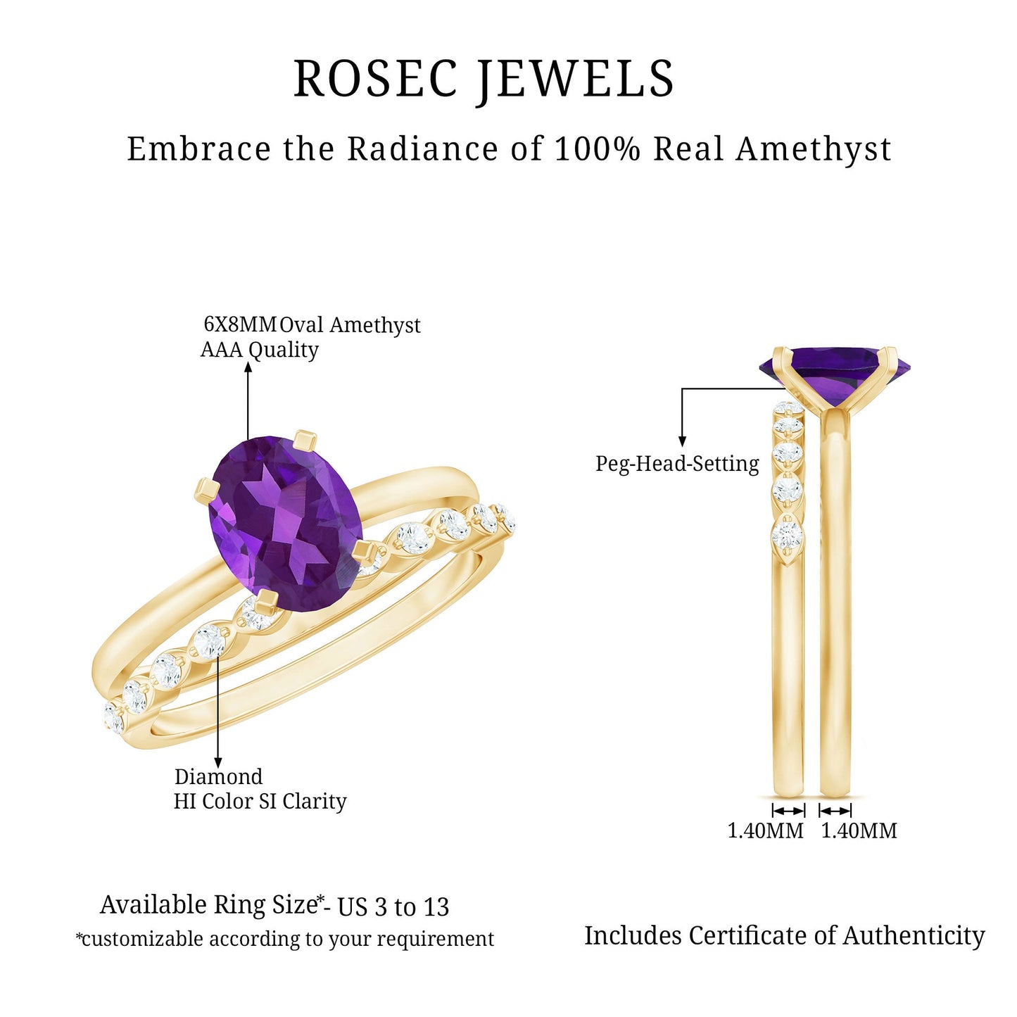 Oval Shape Amethyst Solitaire Ring Set with Diamond