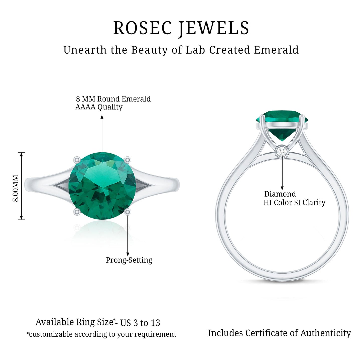 Certified 8 mm Lab Grown Emerald Engagement Ring with Diamond