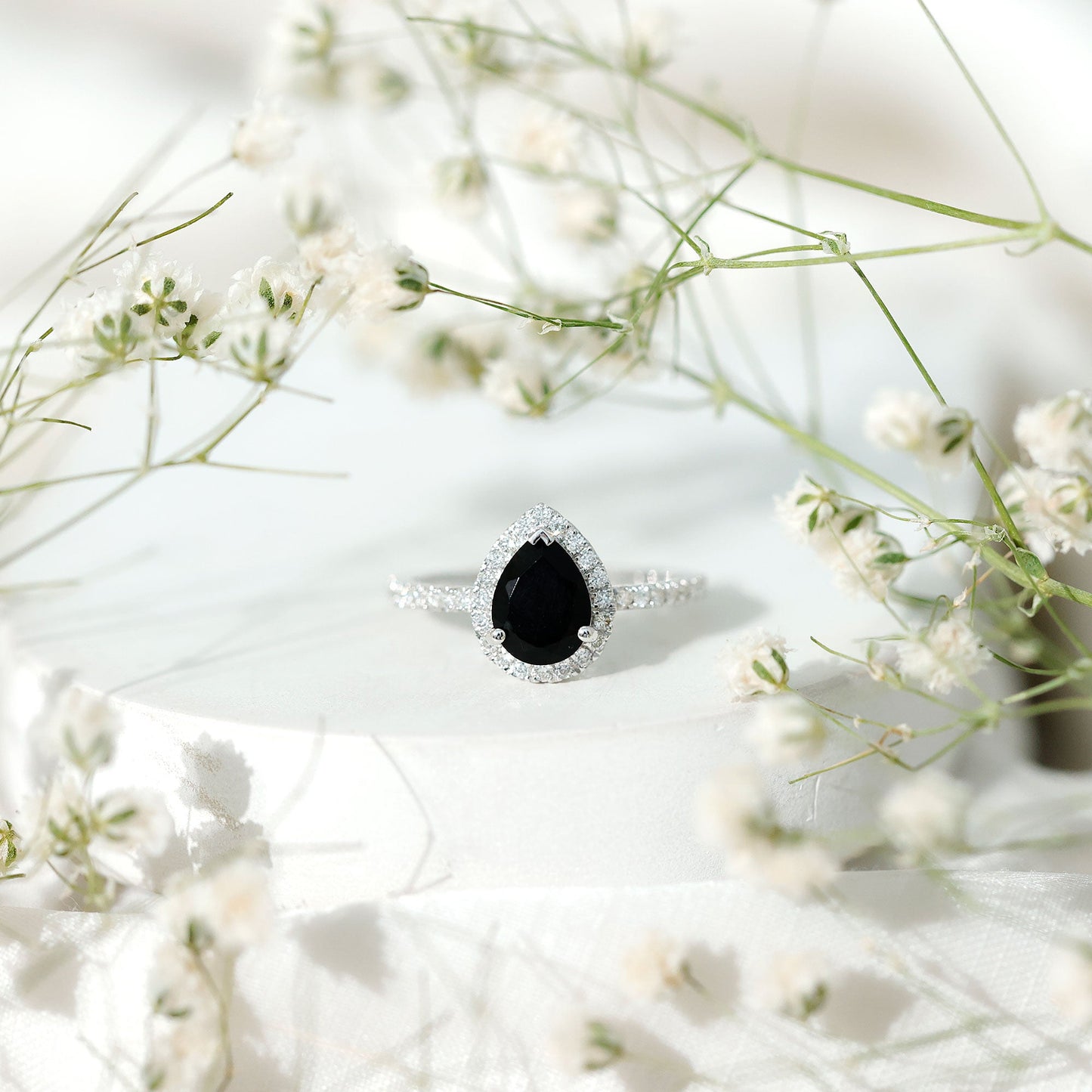 6X8MM Pear Shaped Black Onyx Engagement Ring with Real Diamond Halo