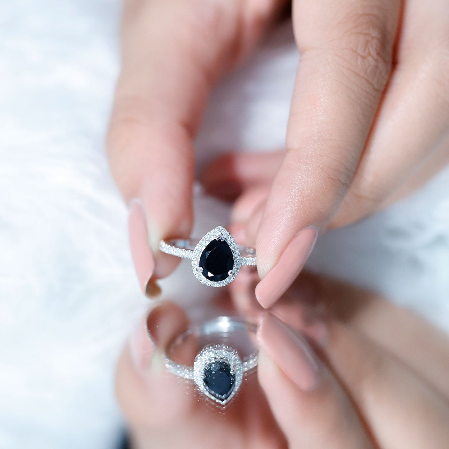 6X8MM Pear Shaped Black Onyx Engagement Ring with Real Diamond Halo