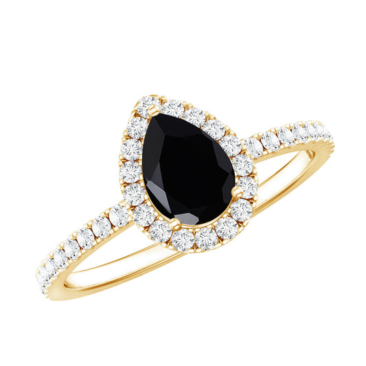 6X8MM Pear Shaped Black Onyx Engagement Ring with Real Diamond Halo