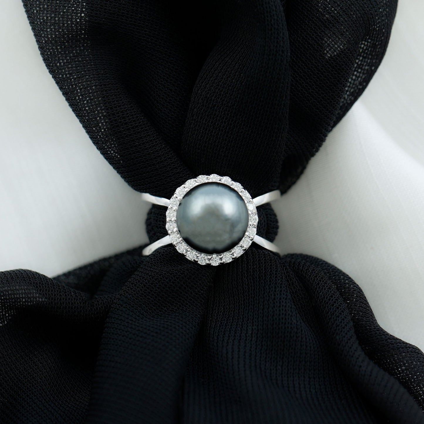 8 Carat Black Pearl Criss Cross Engagement Ring with Diamond Halo