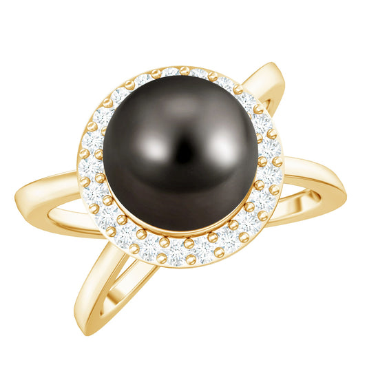8 Carat Black Pearl Criss Cross Engagement Ring with Diamond Halo