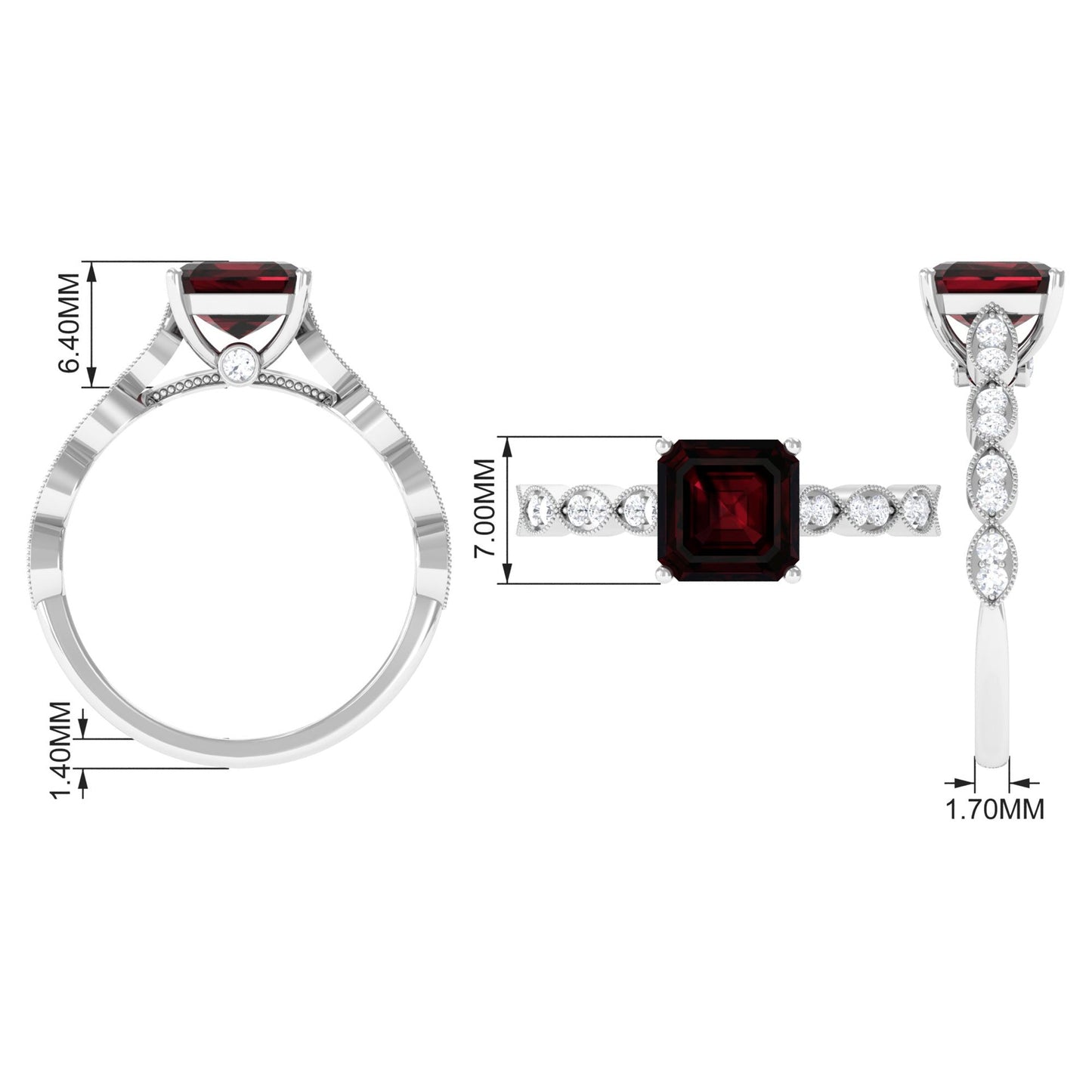 Real 8mm Asscher Cut Garnet Engagement Ring with Diamond