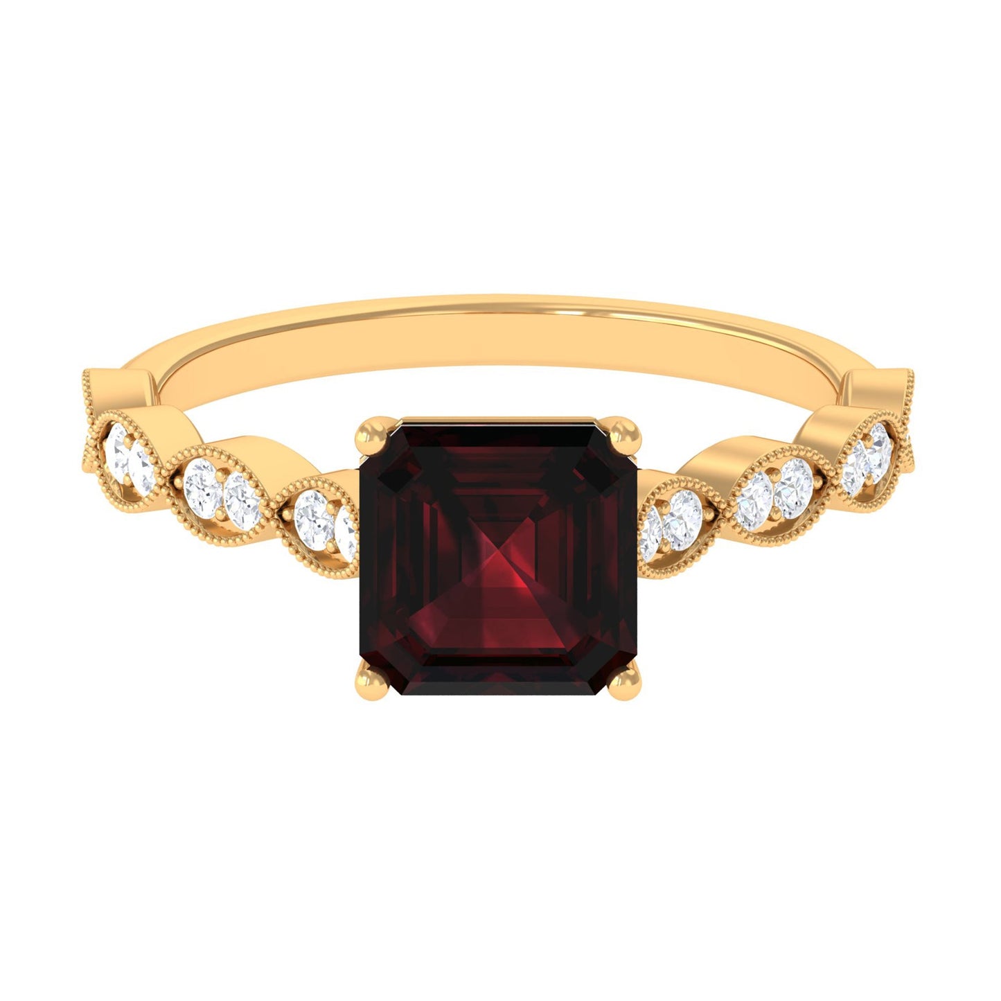 Real 8mm Asscher Cut Garnet Engagement Ring with Diamond