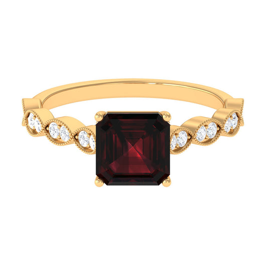 Real 8mm Asscher Cut Garnet Engagement Ring with Diamond