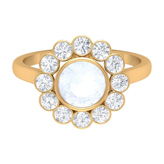 Bezel Set Moonstone Statement Engagement Ring with Diamond Halo