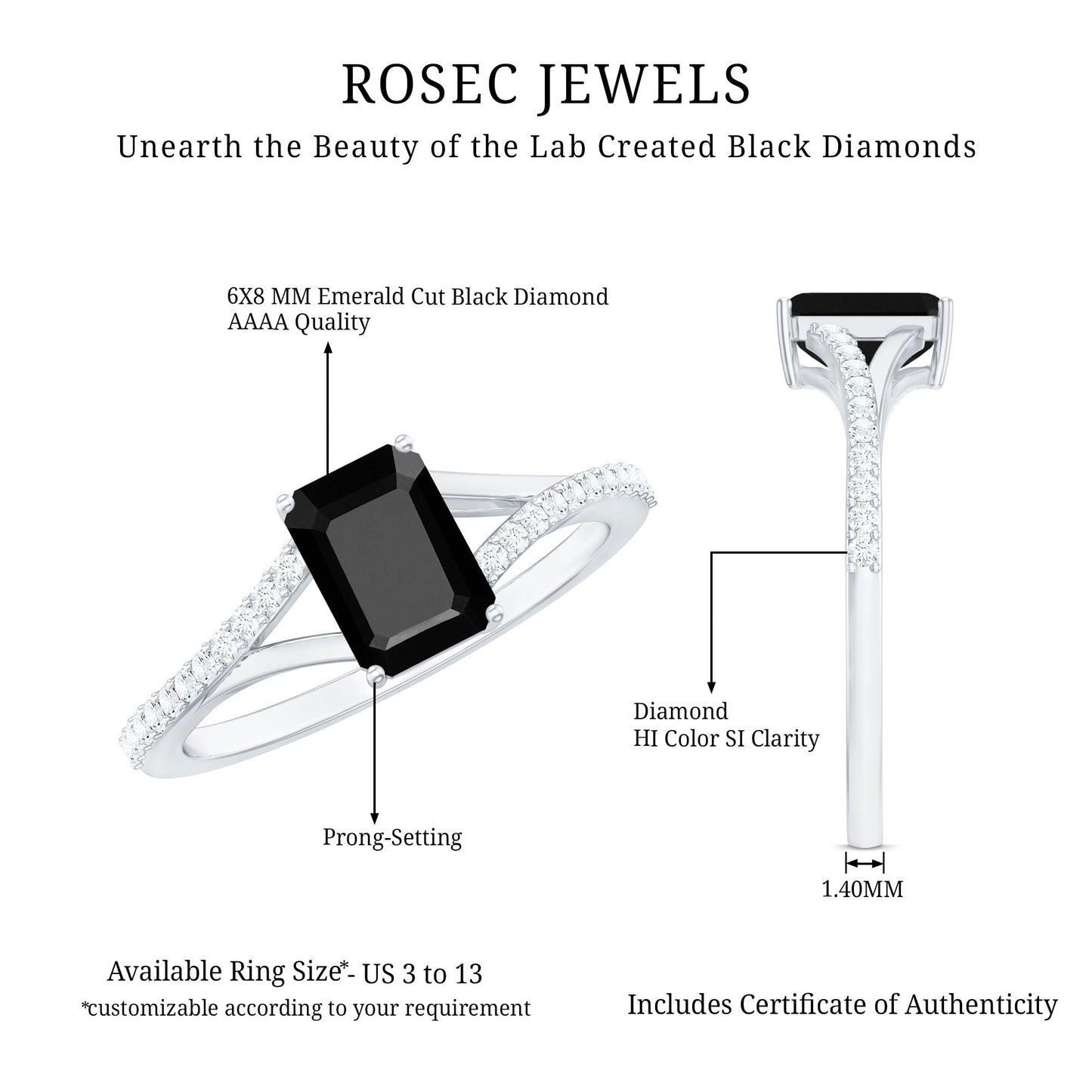 8X10MM Emerald Cut Lab Created Black Diamond Engagement Ring