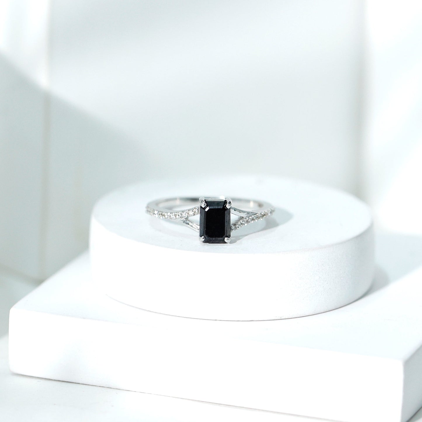 8X10MM Emerald Cut Lab Created Black Diamond Engagement Ring