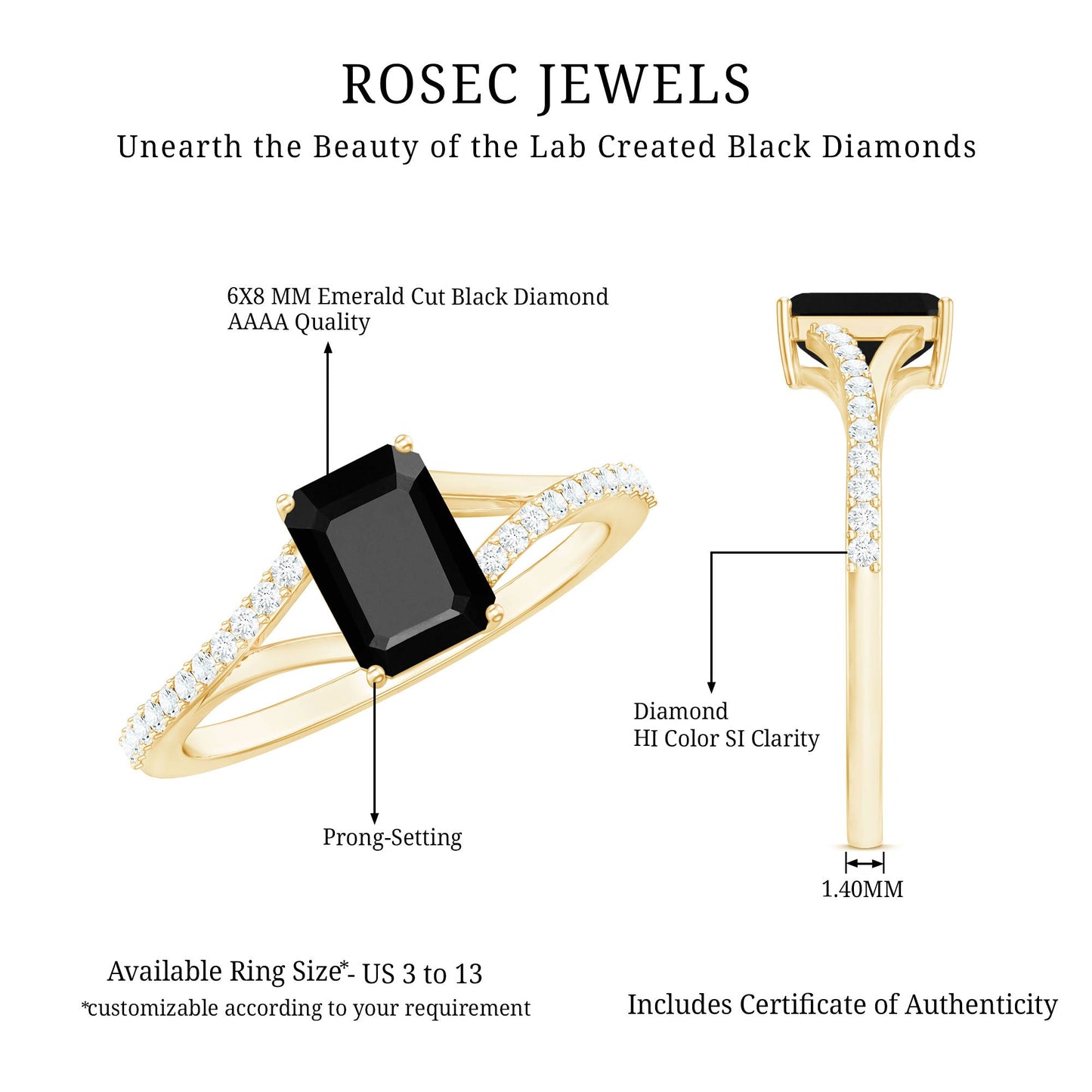 8X10MM Emerald Cut Lab Created Black Diamond Engagement Ring