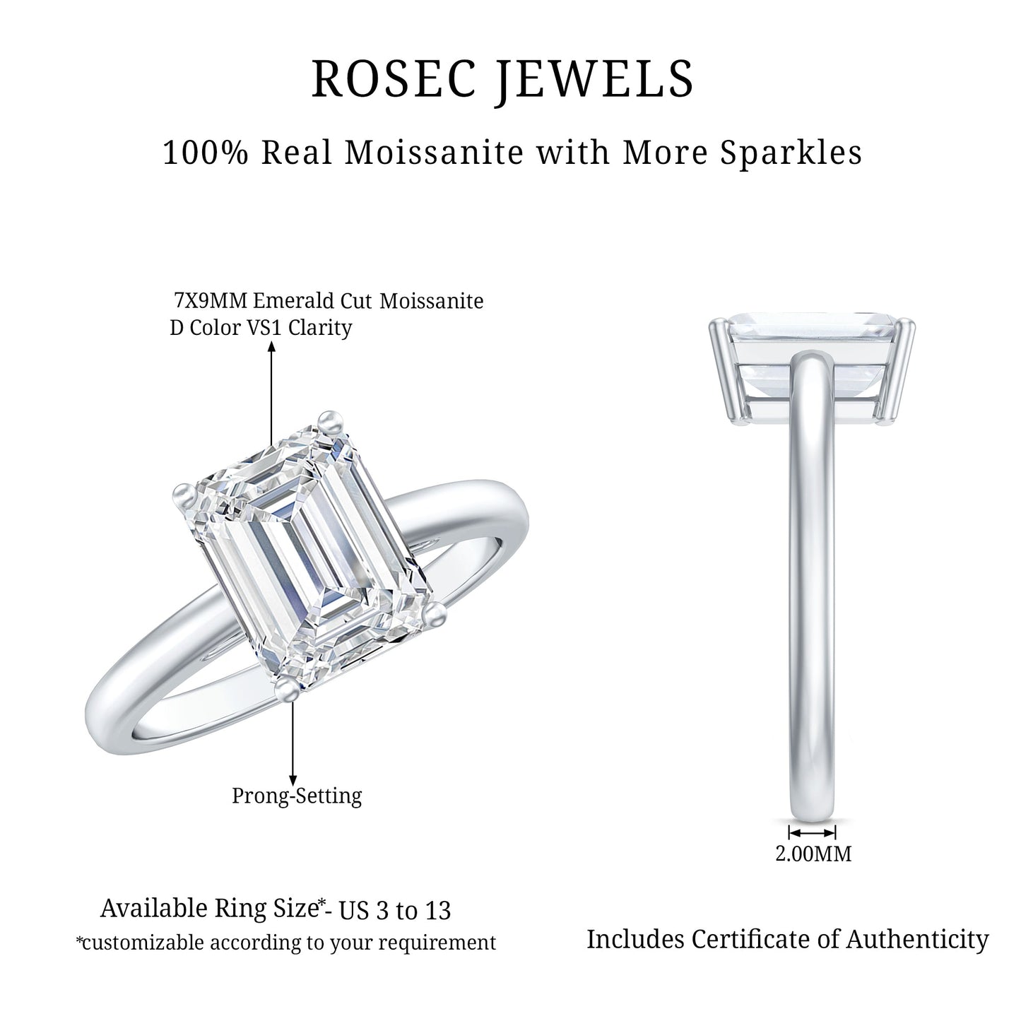Solitaire 7X9MM Emerald Cut Moissanite Engagement Ring For Her