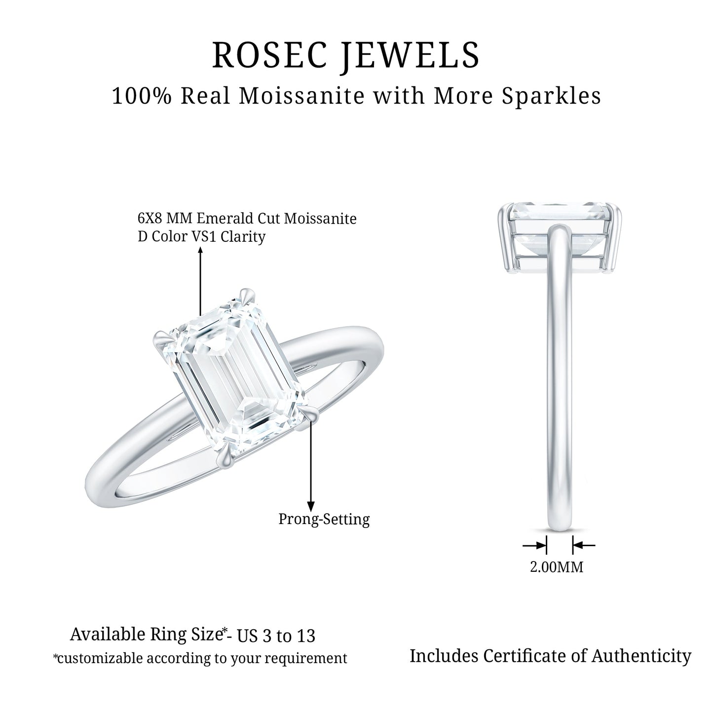 Certified 6X8MM Moissanite Emerald Cut Engagement Ring