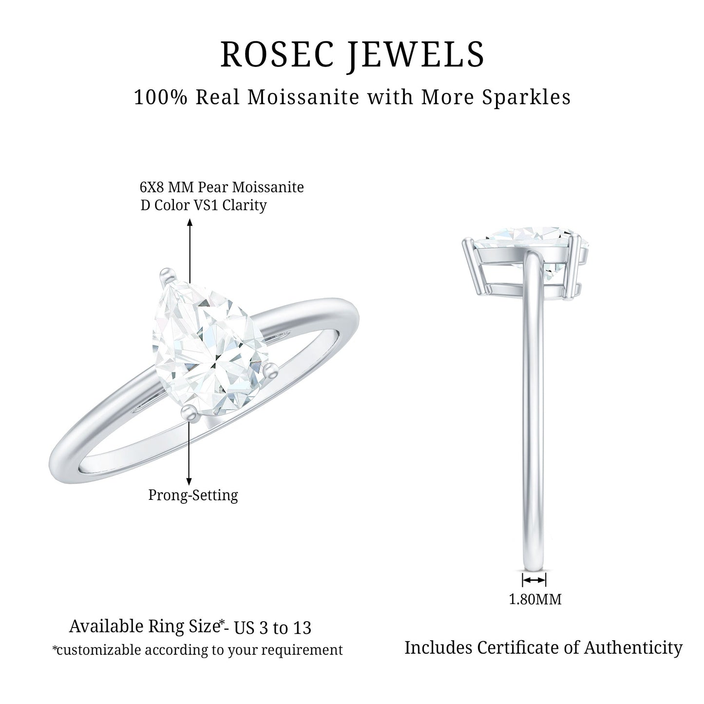 Solitaire Moissanite Teardrop Engagement Ring for Women