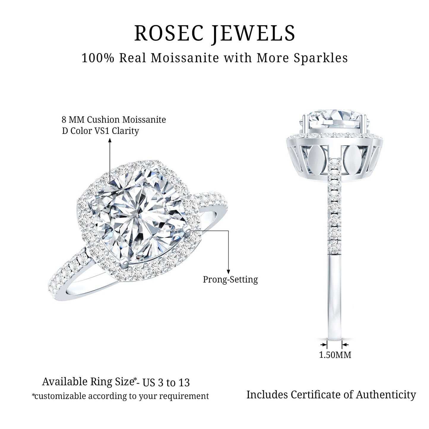 Victorian Style 8 MM Cushion Moissanite Halo Engagement Ring