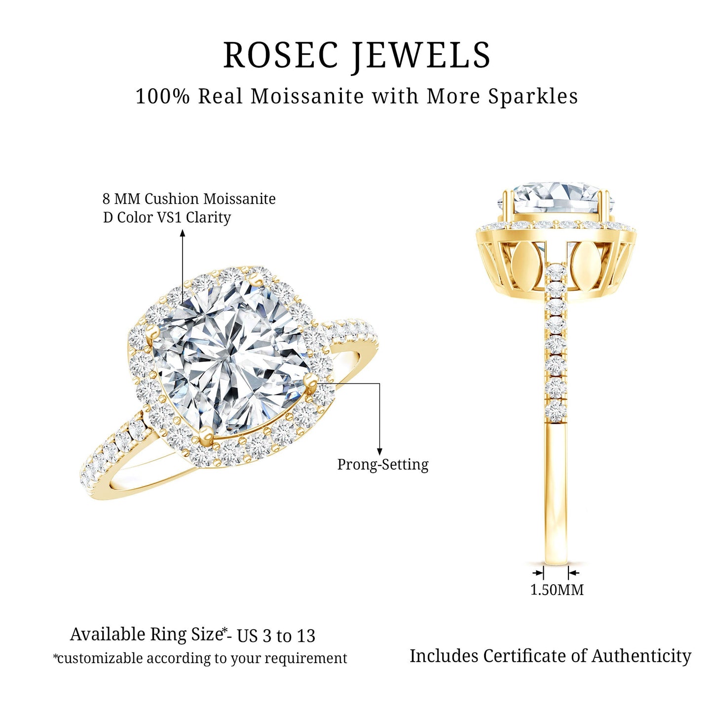 Victorian Style 8 MM Cushion Moissanite Halo Engagement Ring