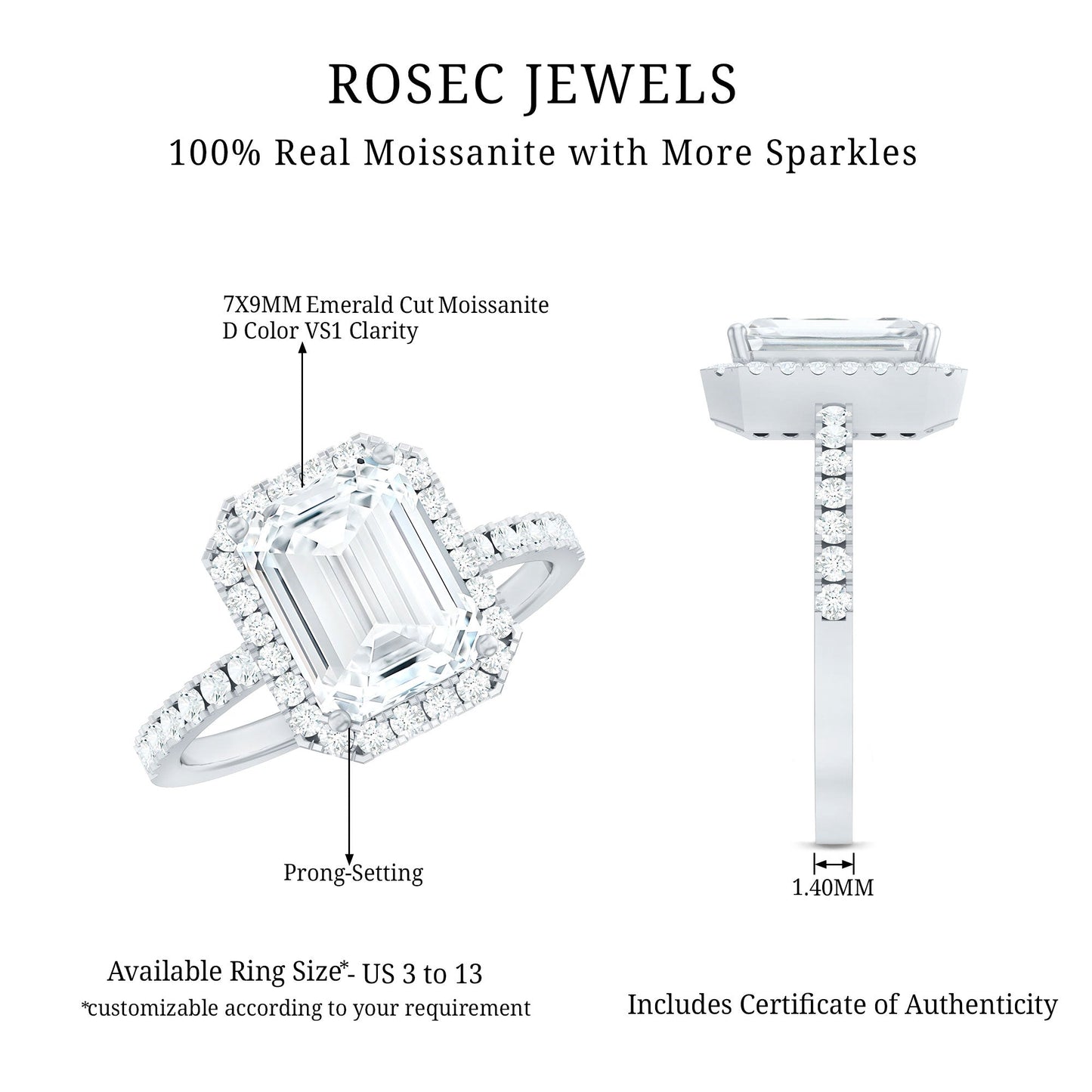 Certified Moissanite Emerald Cut Engagement Ring With Halo