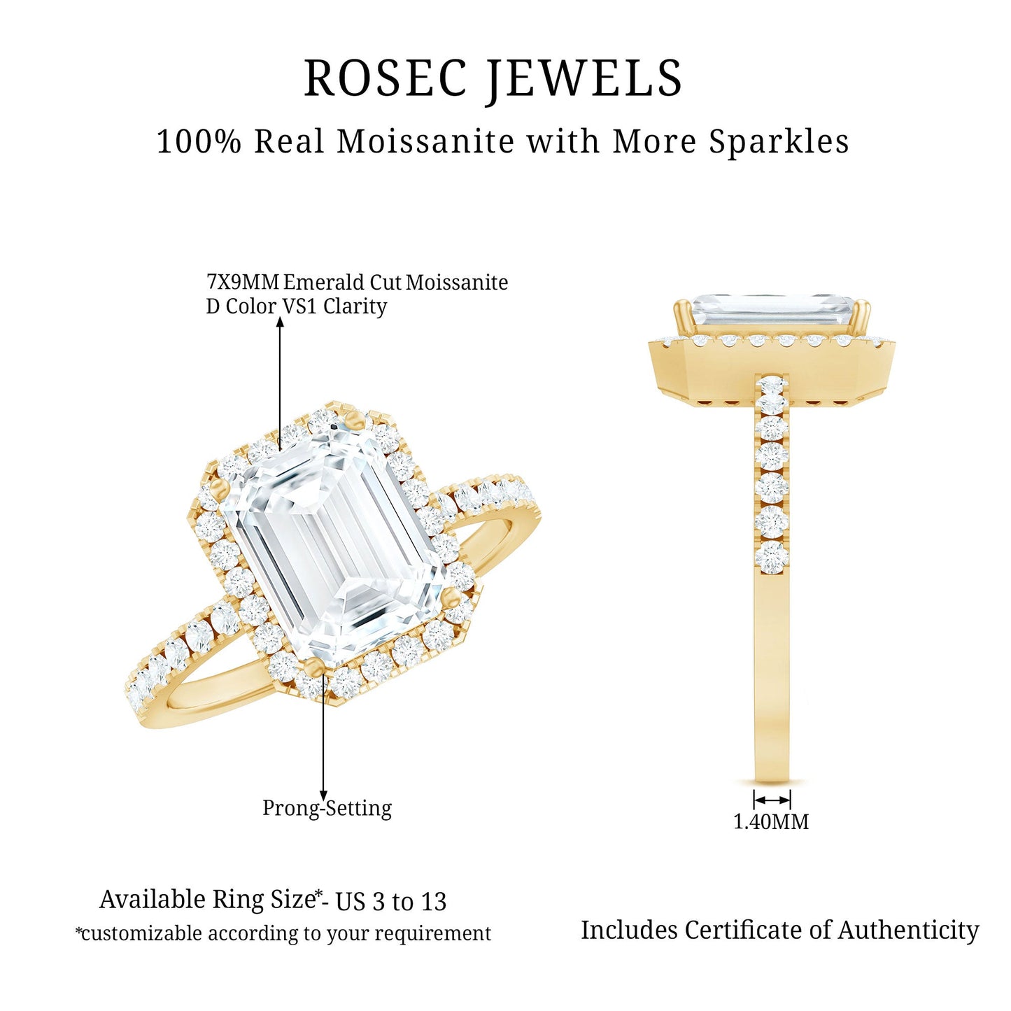 Certified Moissanite Emerald Cut Engagement Ring With Halo