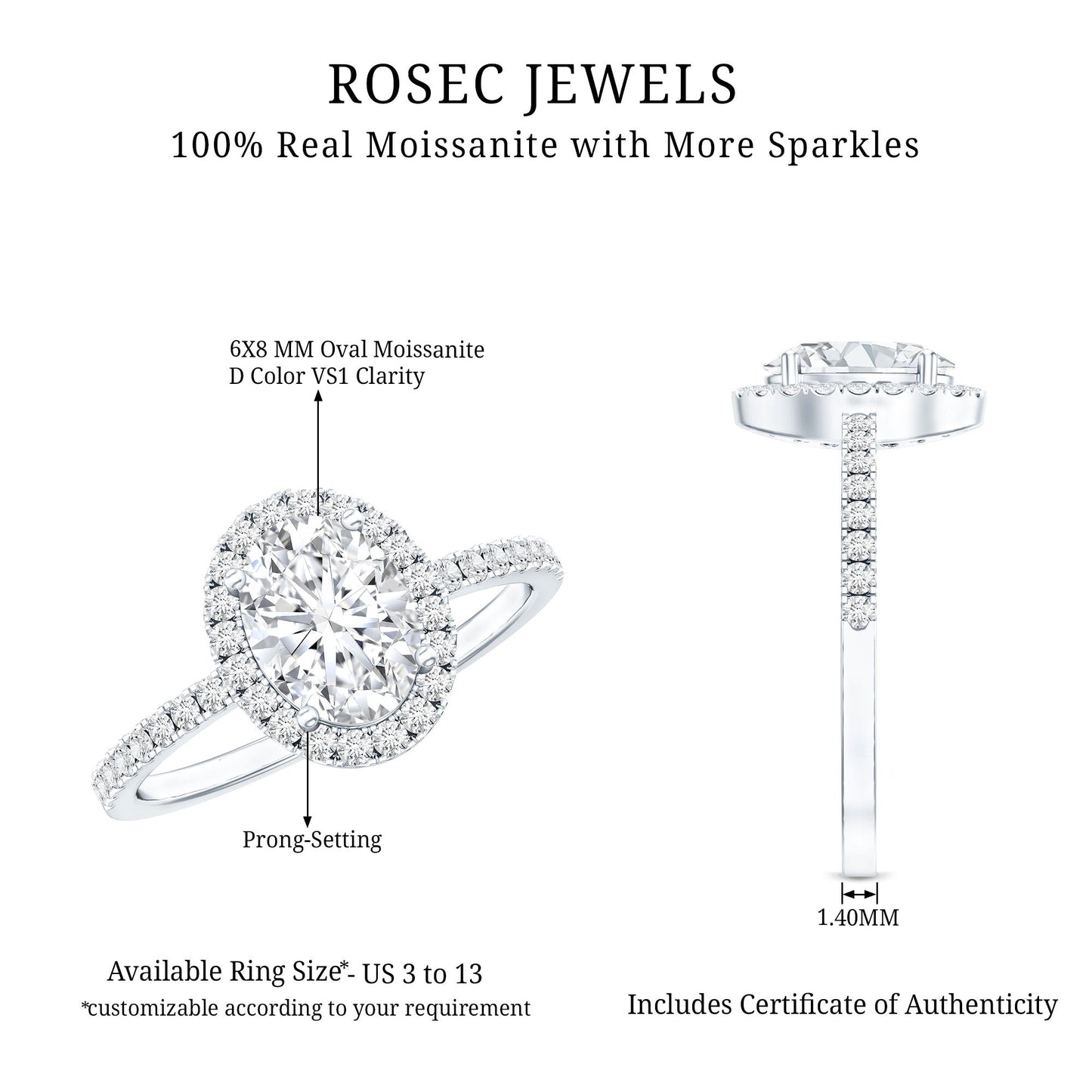 Certified Moissanite 6X8 MM Oval Engagement Ring For Her