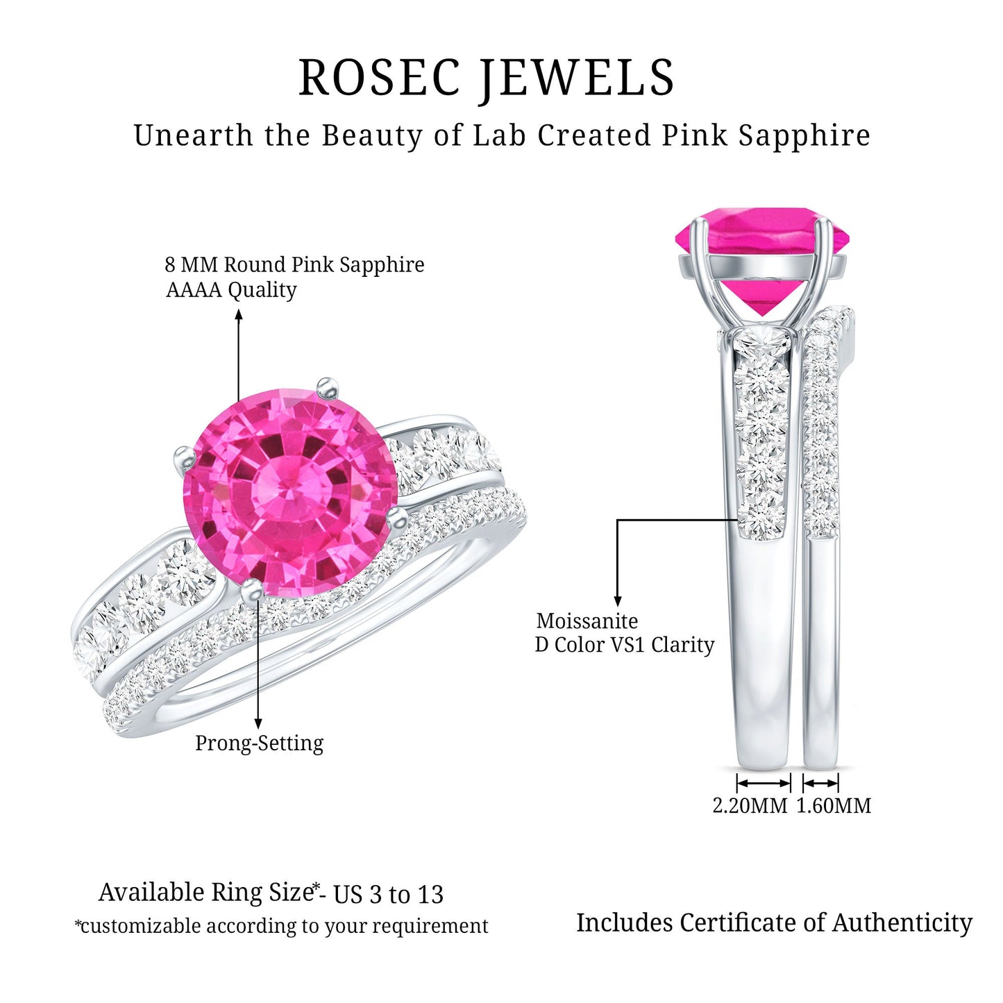 Lab Grown Pink Sapphire and Moissanite Solitaire Bridal Ring Set