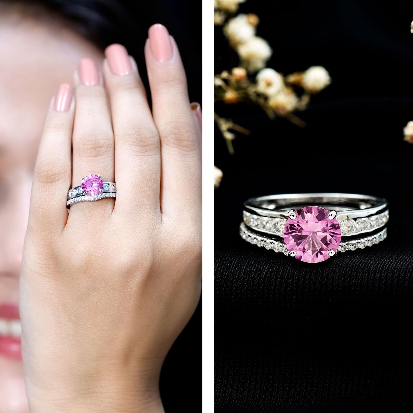 Lab Grown Pink Sapphire and Moissanite Solitaire Bridal Ring Set