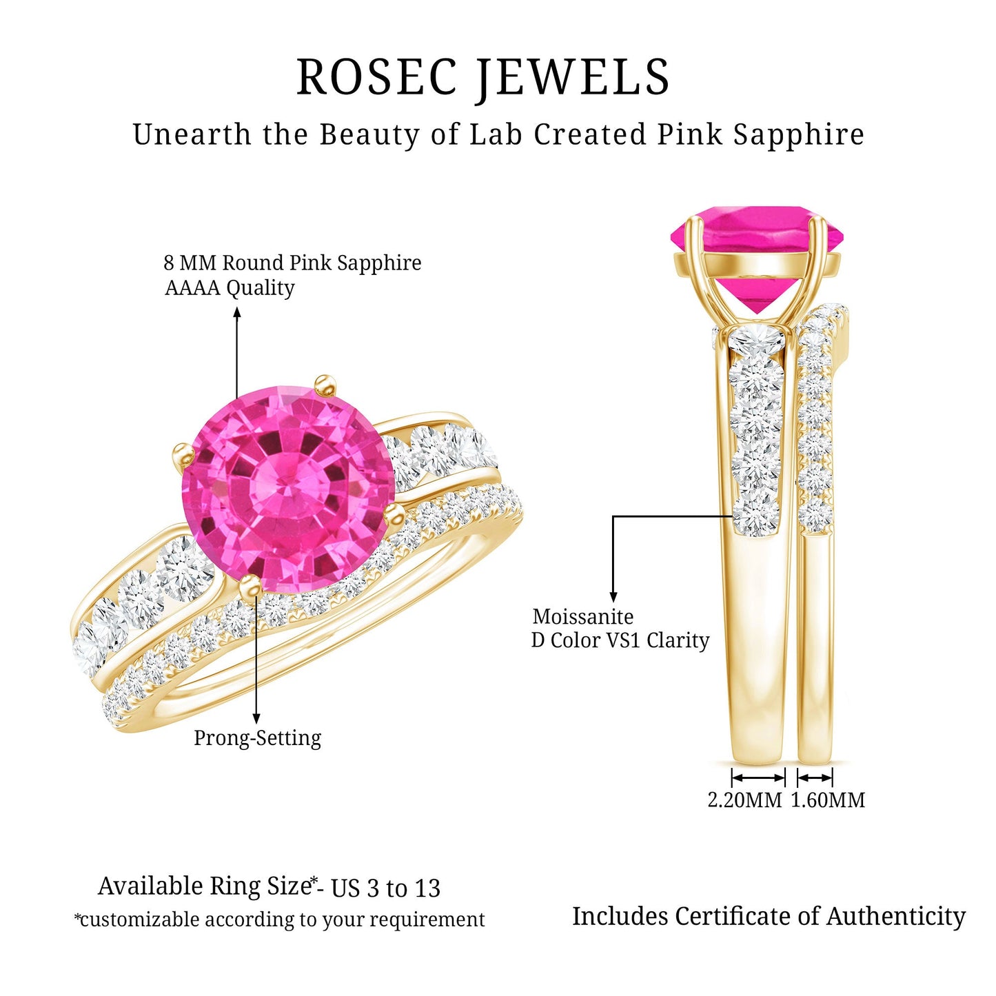 Lab Grown Pink Sapphire and Moissanite Solitaire Bridal Ring Set