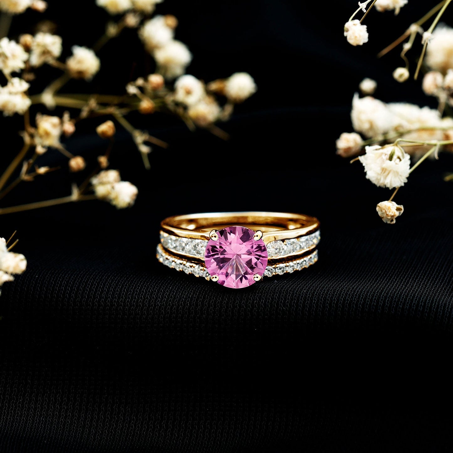 Lab Grown Pink Sapphire and Moissanite Solitaire Bridal Ring Set
