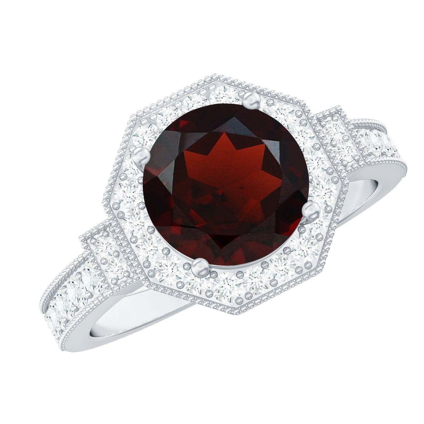 Art Deco 8mm Garnet Engagement Ring with Diamond Halo