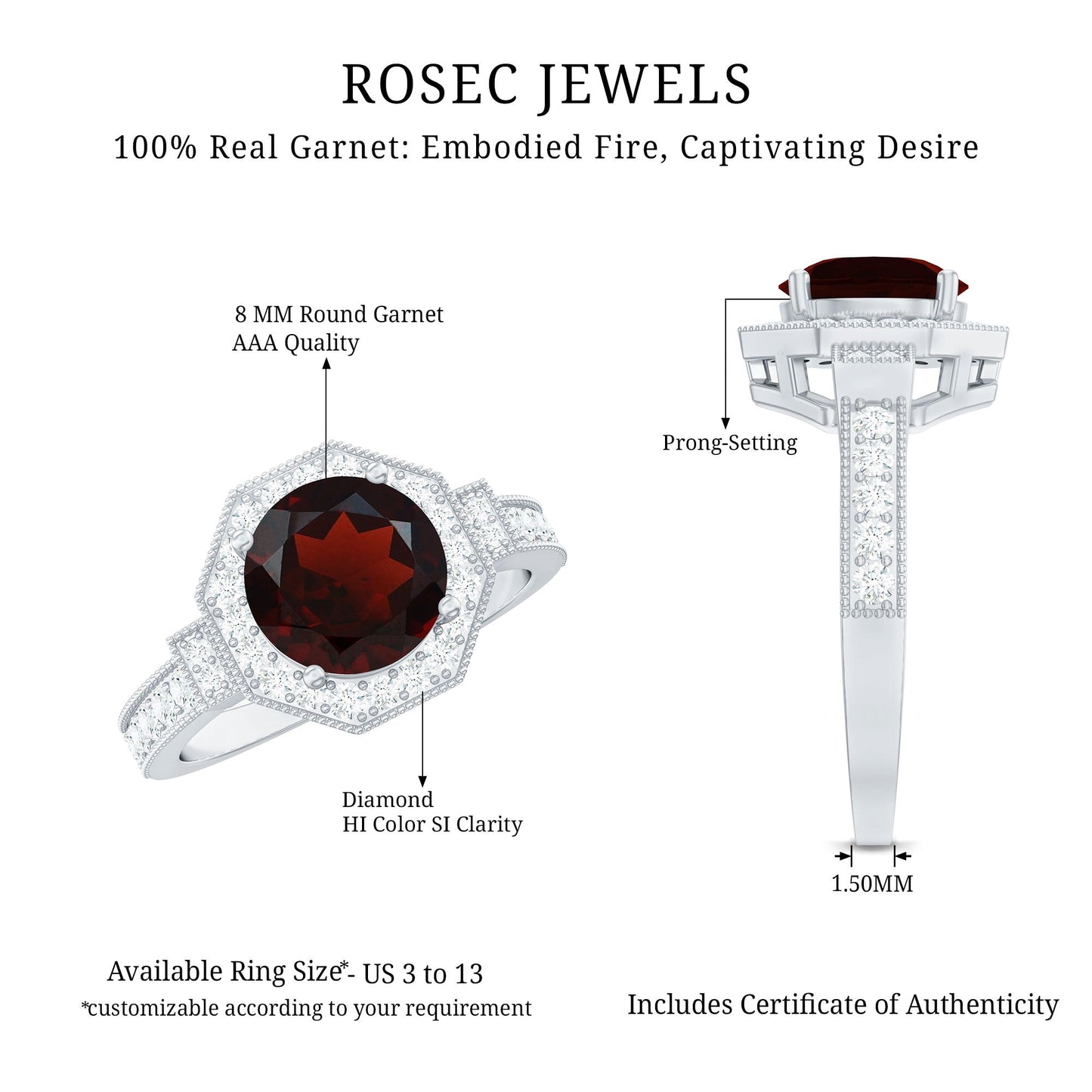 Art Deco 8mm Garnet Engagement Ring with Diamond Halo