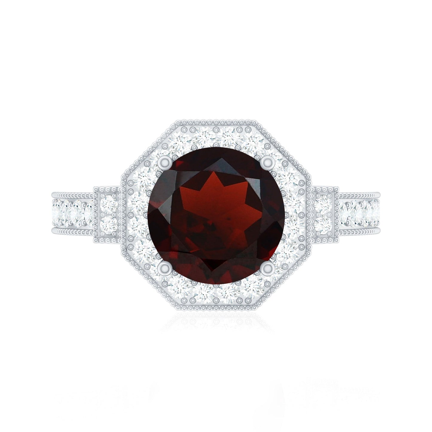 Art Deco 8mm Garnet Engagement Ring with Diamond Halo