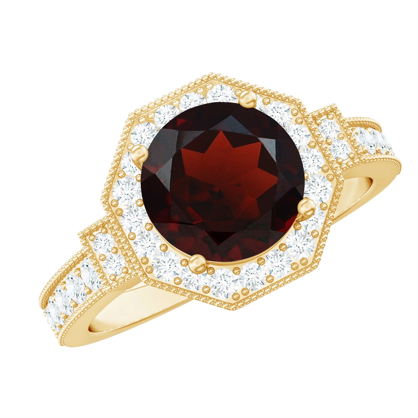 Art Deco 8mm Garnet Engagement Ring with Diamond Halo