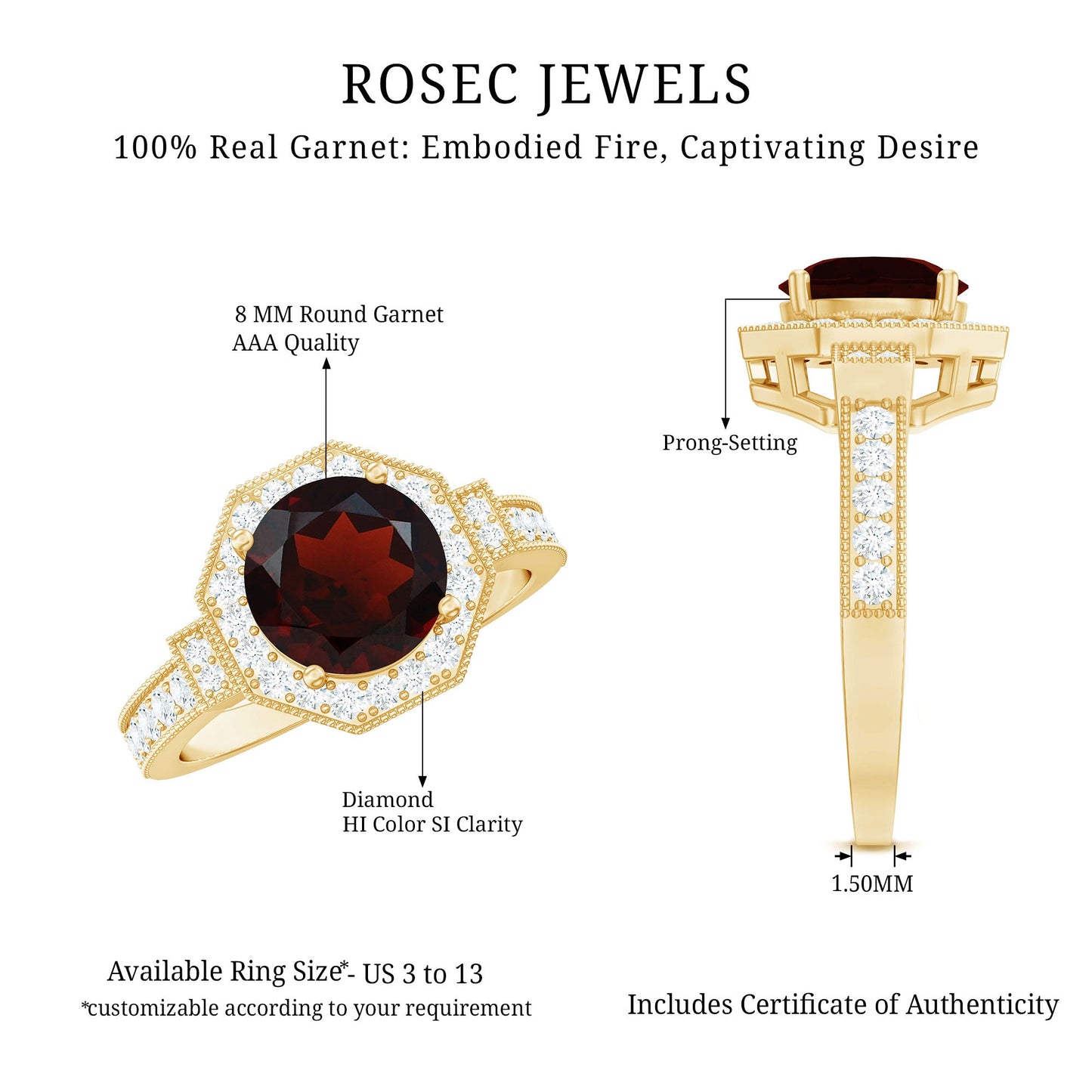 Art Deco 8mm Garnet Engagement Ring with Diamond Halo