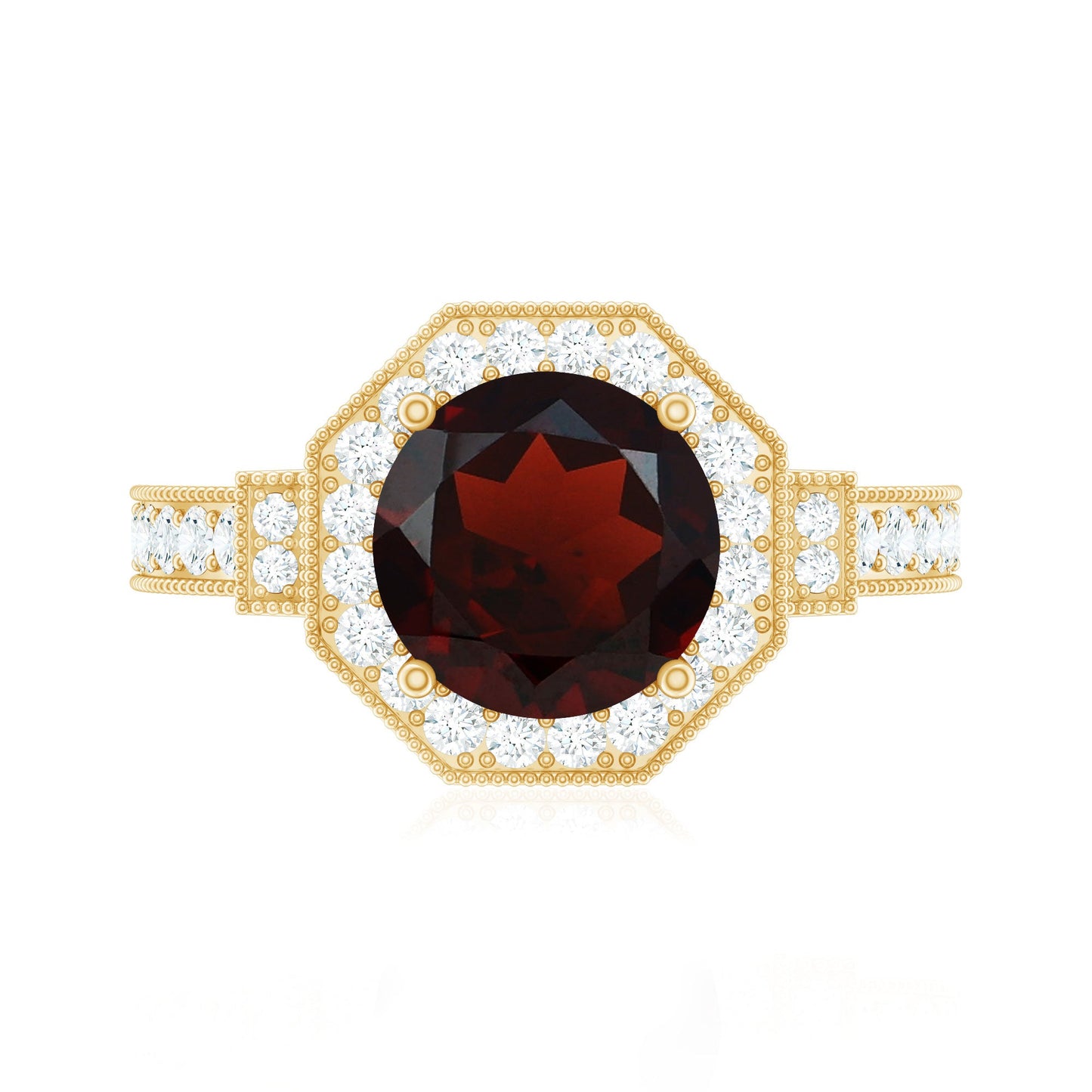 Art Deco 8mm Garnet Engagement Ring with Diamond Halo