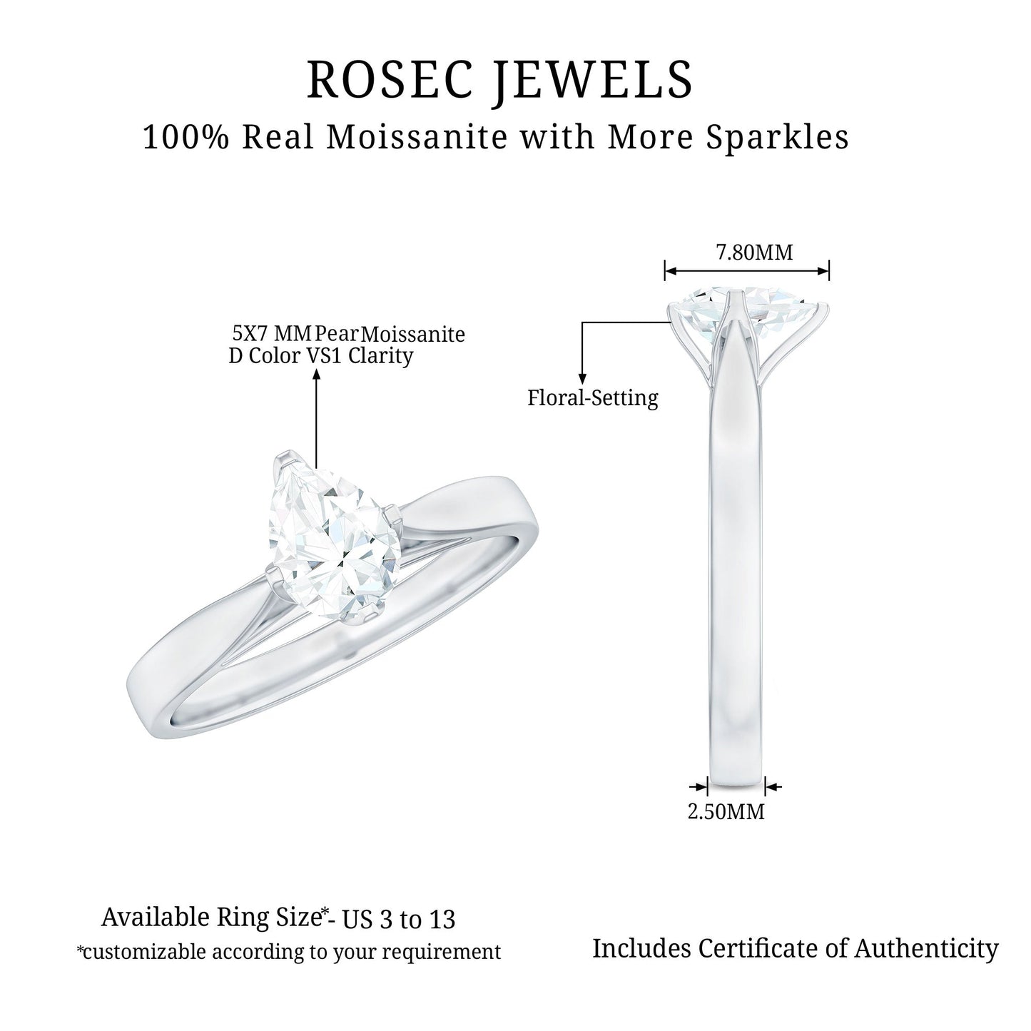 Certified Pear Shaped 5X7mm Moissanite Solitaire Engagement Ring