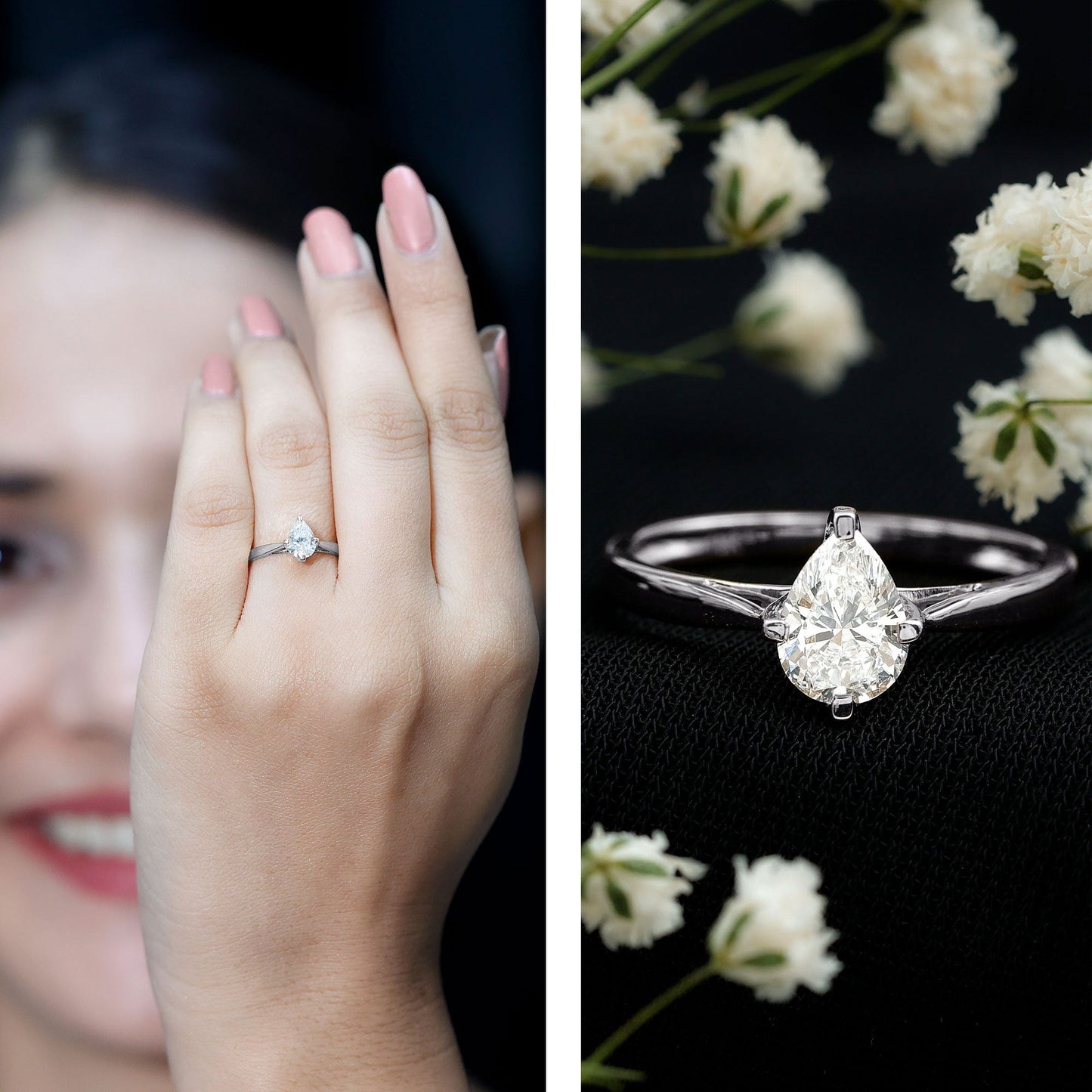 Certified Pear Shaped 5X7mm Moissanite Solitaire Engagement Ring