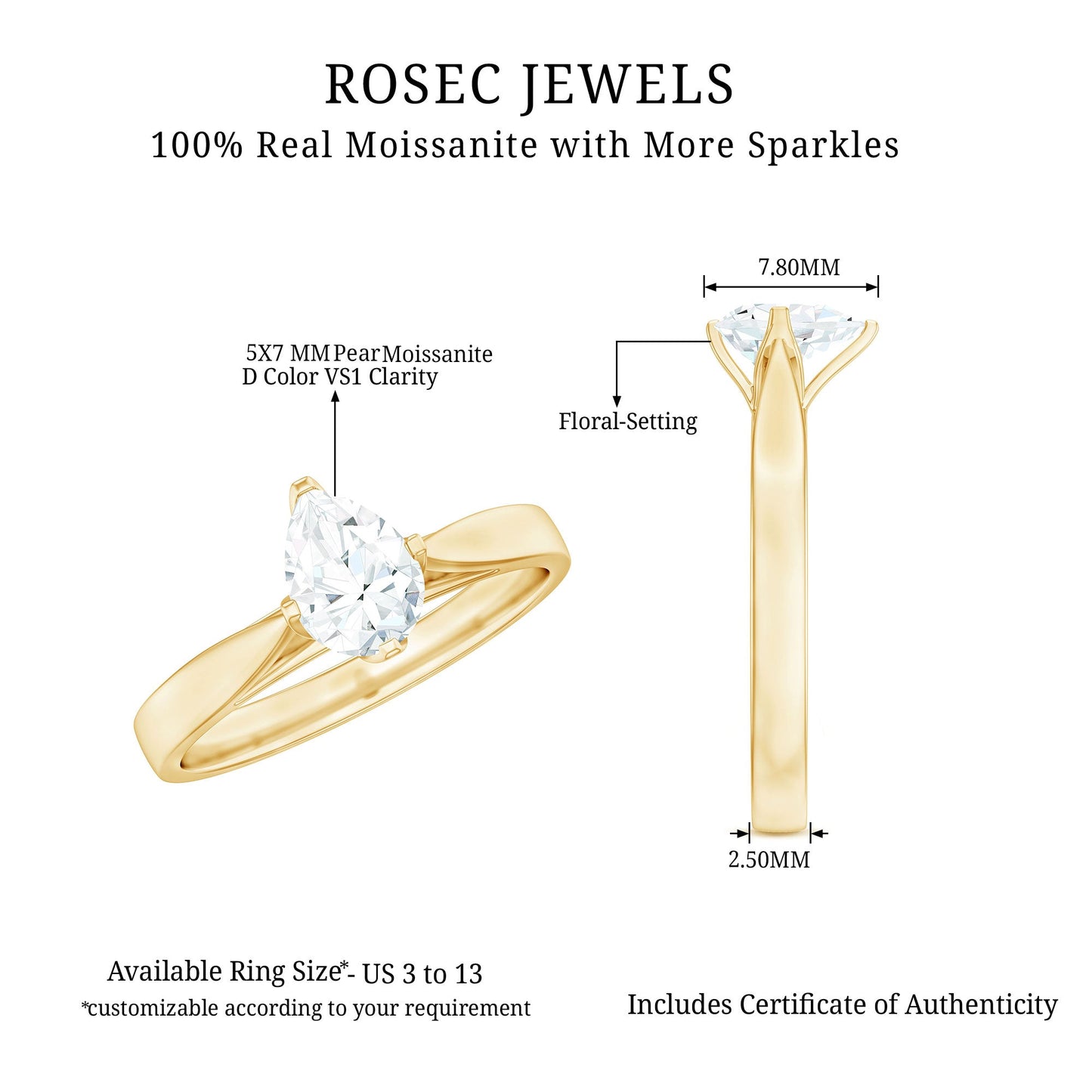 Certified Pear Shaped 5X7mm Moissanite Solitaire Engagement Ring