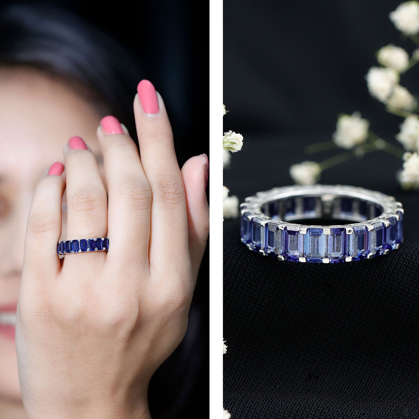 Certified Emerald Cut Lab Grown Blue Sapphire Eternity Band Ring