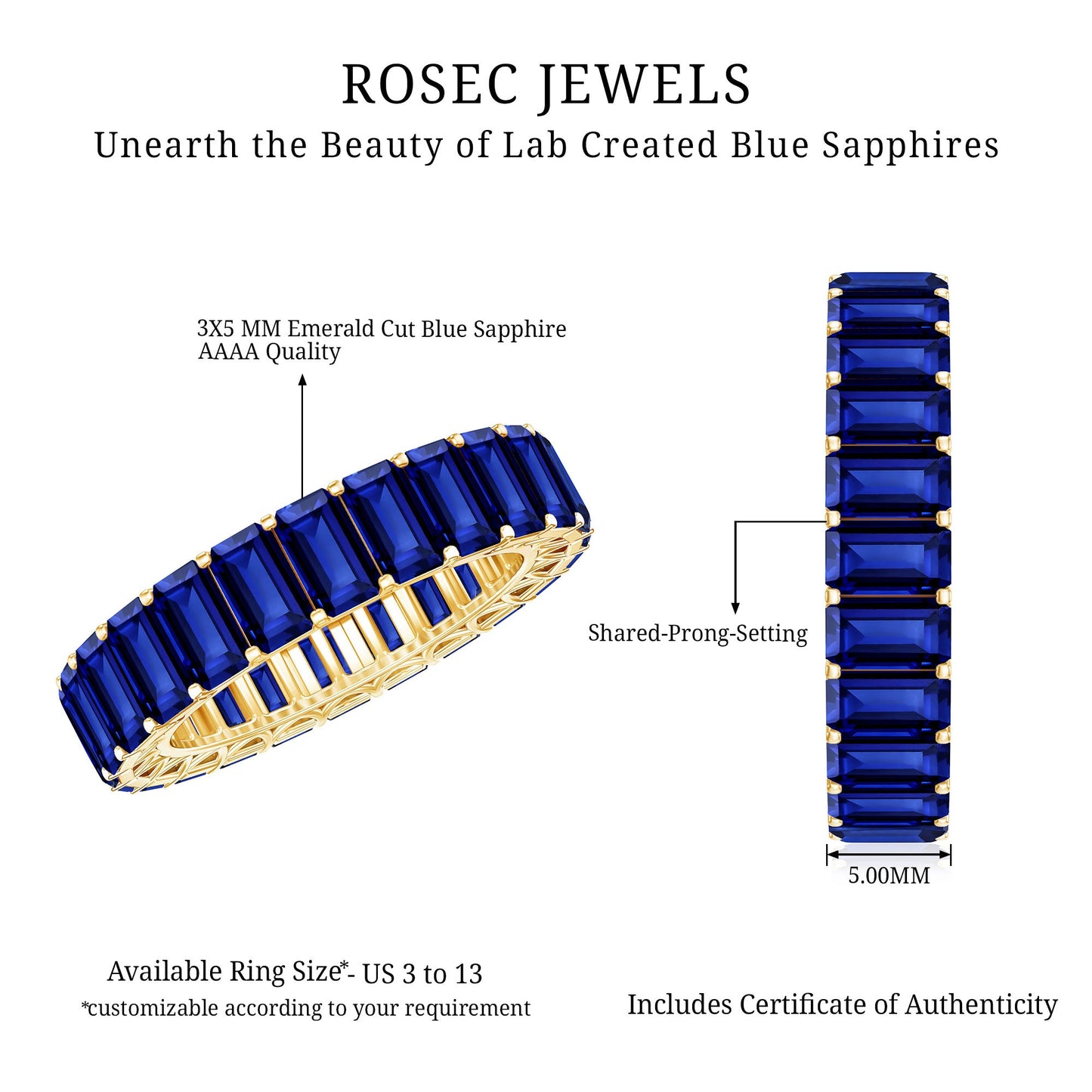 Certified Emerald Cut Lab Grown Blue Sapphire Eternity Band Ring