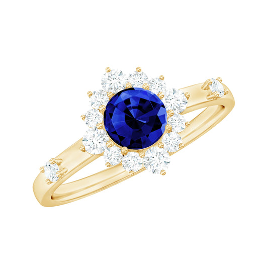 5mm Round Lab Created Blue Sapphire Classic Halo Ring with Diamond