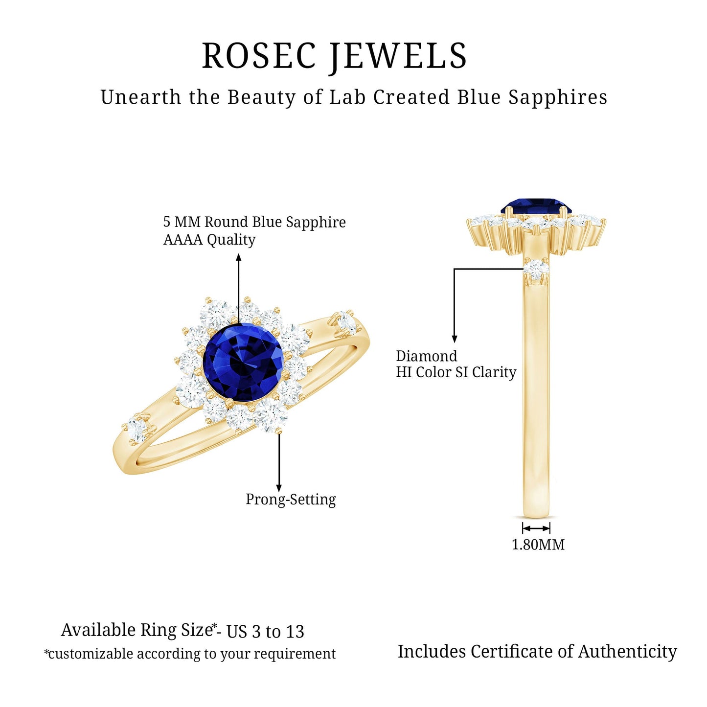 5mm Round Lab Created Blue Sapphire Classic Halo Ring with Diamond